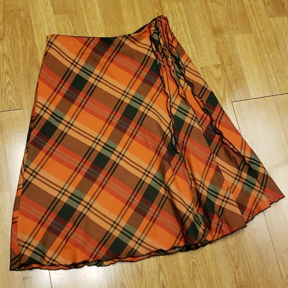 Fall ruffle orange green flannel plaid skirt sz 6